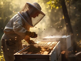 Beekeeper is working with bees in apiary. Beekeeping concept. - obrazy, fototapety, plakaty