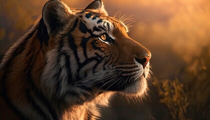 Naklejka premium Tiger Portrait in the morning sun in nature. Side view. Generative AI.