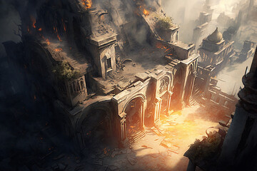 Illustration of a destroyed city with fire and smoke viewed from above. Generative AI.
