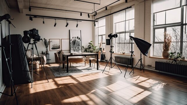 Illustration photo studio with professional lighting equipment as flashes and reflectors.3d render, generative ai