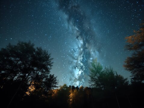 Milky Way in the night sky with stars and trees on the background
