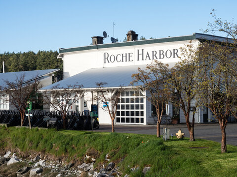 Roche Harbor, San Juan Island, USA - April 13, 2019: View of Roche Harbor resort in the evening