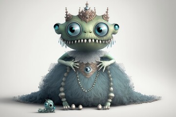 Cute Monster in Designer Ballgown with Diamond Accessories | Sharpened Shot in 8K with Detailed Work by Marcin Nagraba & Rebecca Millen on White Background, Generative AI