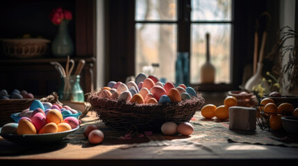 Stylishly decorated Easter table set amidst the warm and cozy rustic kitchen ambiance. Generative AI.