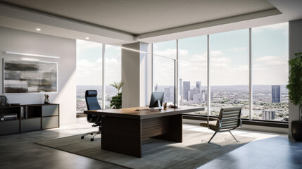 Obraz na płótnie Canvas High-Rise Executive Office: Modern Desk and Panoramic City Views Created with Generative AI Technology