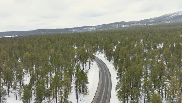 Road surrounded by snow in Flagstaff, Arizona. 