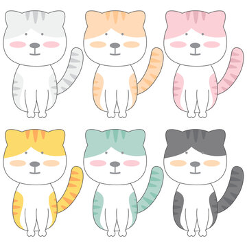Cute cats cartoon different color collection icon set. Pet character design on white background. Vector illustration.