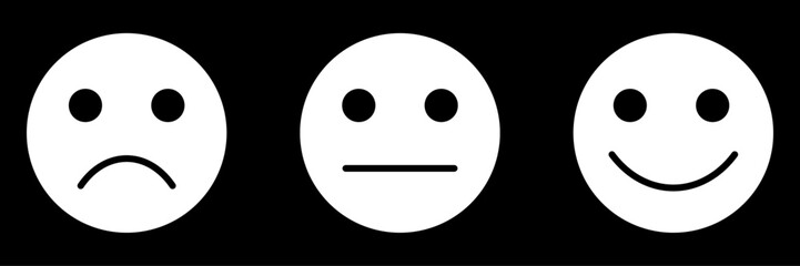 Satisfaction feedback survey emoji, flat style white color rating emoticons. Good, bad, average icons with sad, neutral and happy mood face vector symbols isolated on white background.