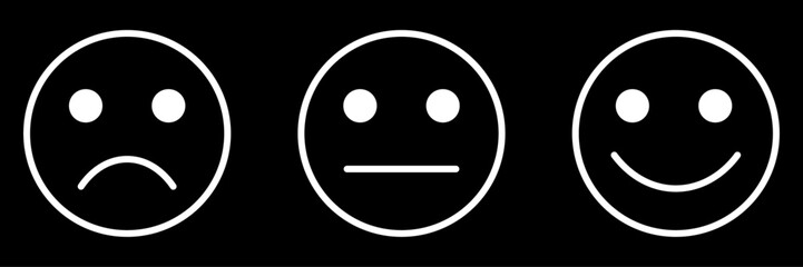 Satisfaction feedback survey emoji, flat style white line color rating emoticons. Good, bad, average icons with sad, neutral and happy mood face vector symbols isolated on white background.