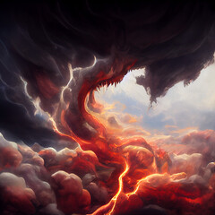 end of the world clouds on fire, entrance to hell, hellhole, like an erupting volcano, Generative AI