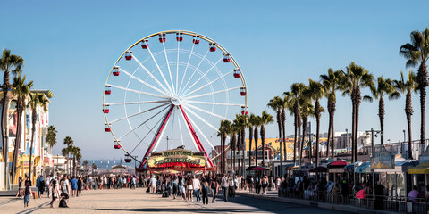 The iconic Ferris wheel of Santa Monica illuminated the night sky, its lights creating an enchanting atmosphere for visitors to enjoy. - generative ai