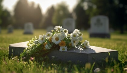 a simple memorial headstone for a deceased with a bouquet of flowers, green lawn, empty, natural, ambient light, Memorial Day, generative IA - obrazy, fototapety, plakaty