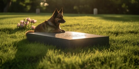 a simple memorial headstone for a deceased with a dog, green lawn, natural ambient light, Memorial Day, generative IA