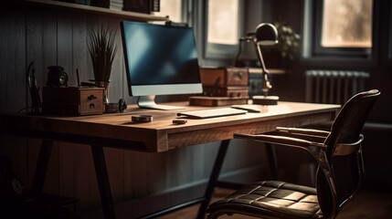 Wooden desk with computer on it. Workplace in office.generative ai