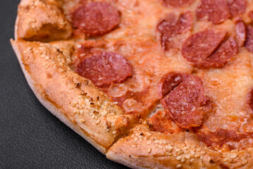 Delicious fresh pepperoni pizza with sesame seeds on the sides