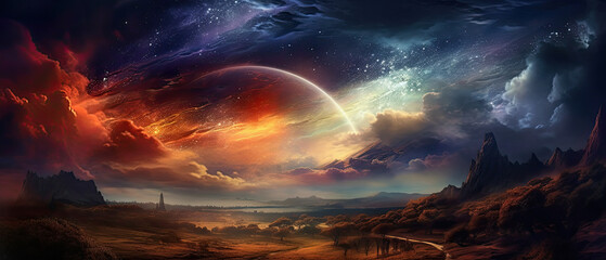 generative ai illustration of a fantasy landscape and the sky of a strange unknown planet