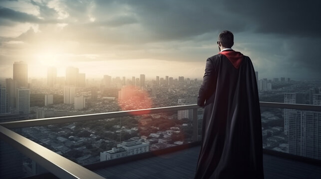 Rear view of confident businessman in black cape looking at cityscape.generative ai