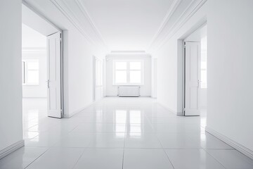 Illustration of an empty white room with minimalistic design, featuring two doors and a bench. Generative AI