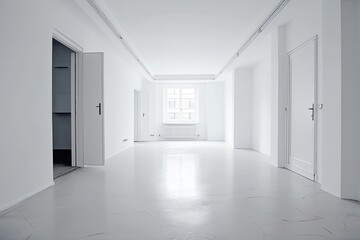 Illustration of an empty white room with doors. Generative AI