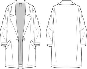 Unisex Long Line, Button-up, Wool Like Coat- Technical fashion illustration. Front and back, white color. Unisex CAD mock-up.