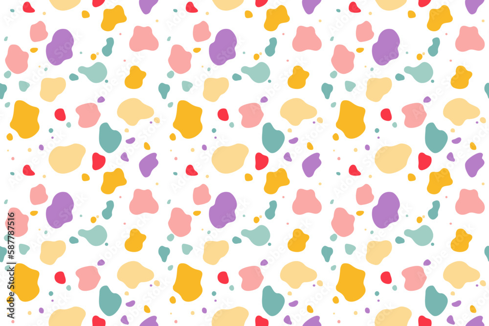 Poster Abstract Seamless Patterns with Doodle Color Shapes. Vector Fun Background for Kids. Geometric Yellow, Red, Blue and Purple Cow Skin Texture