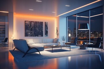 Cutting-Edge Living Room Set at Night - Generative AI	