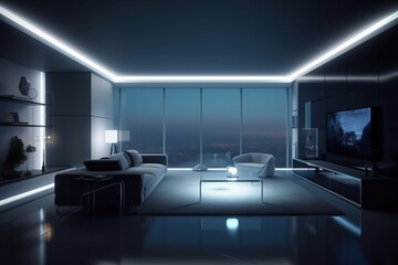 Sleek Modern Living Room Illuminated Interior - Generative AI	