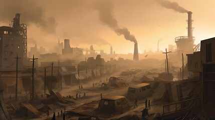 Heavily Polluted Cityscape with Smog and Toxic Fumes - Generative AI	