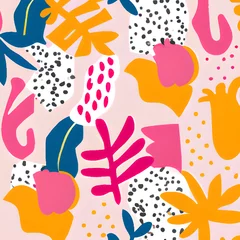 Fotobehang Modern colorful tropical floral pattern. Cute botanical abstract contemporary seamless pattern © Art shine