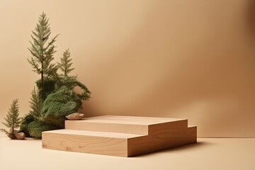 miniature pine tree placed on a wooden block with a blurred background. Generative AI