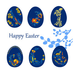 Greeting Easter card. Painted egg with unusual patterns in the traditional Ukrainian Petrykivka painting. Elements of blue and yellow floral ornament. Decorative composition.