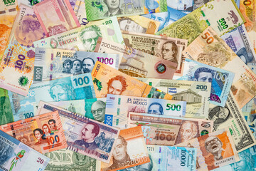 Money from all Latin American countries, High denominations, World currency concept