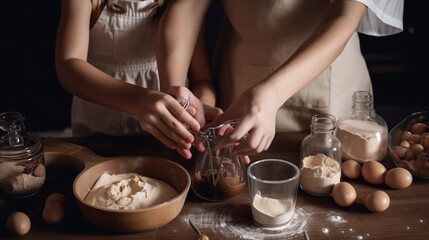 Obraz na płótnie Canvas Close-up of child's hands kneading dough for cookies.generative ai