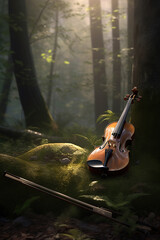 violin sitting on the ground in the middle of a forest. Generative Ai