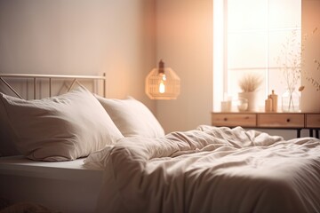 cozy bedroom with white bedding and pillows. Generative AI