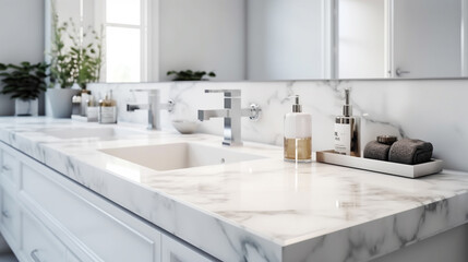 Fototapeta na wymiar luxury bathroom interior with white marble countertop and golden sink.generative ai