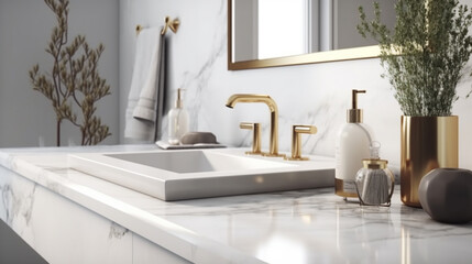 luxury bathroom interior with white marble countertop and golden sink.generative ai