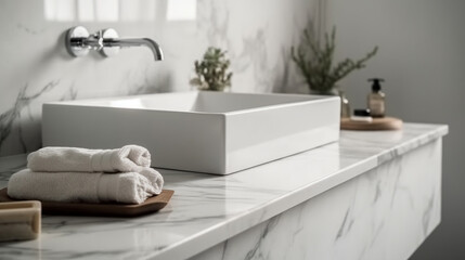 luxury bathroom interior with white marble countertop and golden sink.generative ai