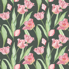 Watercolor spring botanical seamless pattern. Floral background with gentle realistic pink tulips. Striped crown tulip.