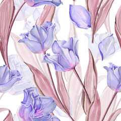 Watercolor seamless floral pattern for textile, decor and packing. Striped crown tulips in purple colors on white background.