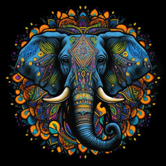 Ornate and colorful elephant mandala ar on a black background.  Created with Generative AI.