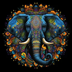 Keuken achterwand Mandala Ornate and colorful elephant mandala ar on a black background.  Created with Generative AI.  © leezsnow