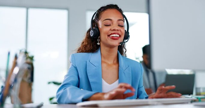 Business woman, call center and consulting with headphones on computer for customer service or support. Happy friendly female consultant agent talking and typing with headset on PC for online advice