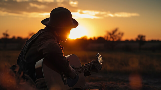 Young man playing guitar in the field at sunset.generative ai