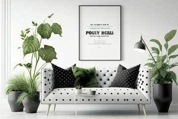 Mockup Wandbilderrahmen. Modernes Wohnzimmer mit schwarz-weiß gepunktetem Sofa und großen grünen Pflanze. Legen Sie Ihr eigenes Foto in den Fotorahmen, machen Sie das Bild einzigartig. Generative mit 