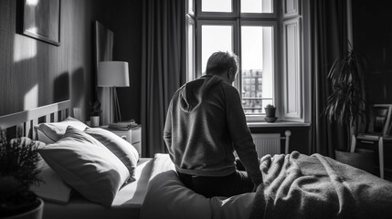 Fototapeta premium Man sitting on the bed in the morning. generative ai
