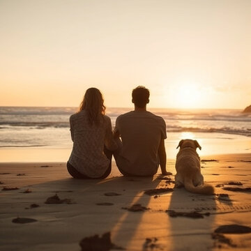 Couple sitting on the beach and watching the sunset. Man and woman sitting on the beach with their dog.generative ai
