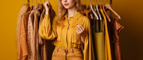 Fototapeta na wymiar A woman in a yellow shirt stands in front of a hanger and wears a yellow shirt.generative ai
