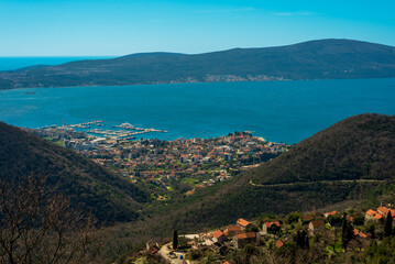 Fototapeta na wymiar View of the Bay of Kotor from the mountain hiking trail above Tivat and Gorna Lastva