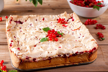 Homemade cottage cheese casserole garnished with redcurrant on wooden table